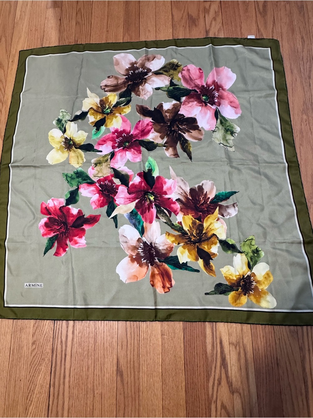 Armine 100% Silk Floral Square Scarf Sage Green Watercolor Flowers Turkey
